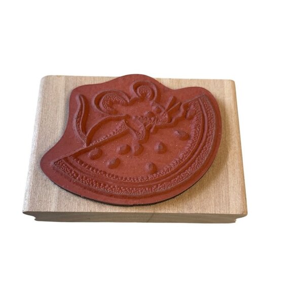 Mouse & Watermelon Rubber Stamp On Wooden Block - Picture 2 of 2